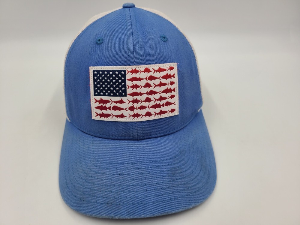 Columbia PFG American Flag Distressed Mesh Trucker Snapback Hat Cap Blue White