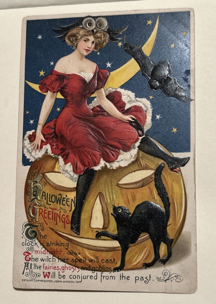 1911 Schmucker Pretty Girl Jack O'Lantern & Black Cat Halloween post card Winsch