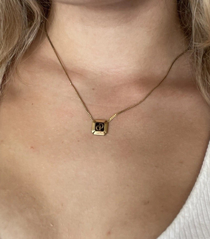christian dior square logo gold plated pendant necklace