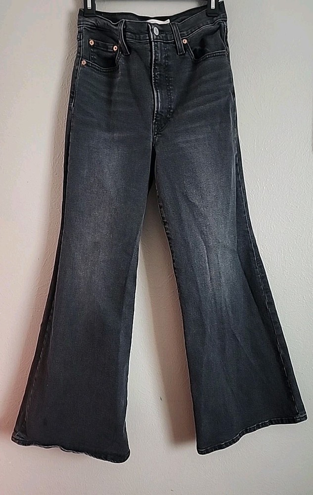Levis Womens Ribcage High Rise Stretch Black Bell Bottom Jeans W28 L32