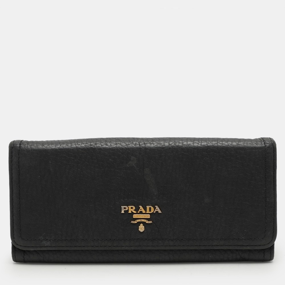 Prada Black Leather Continental Flap Wallet with Logo