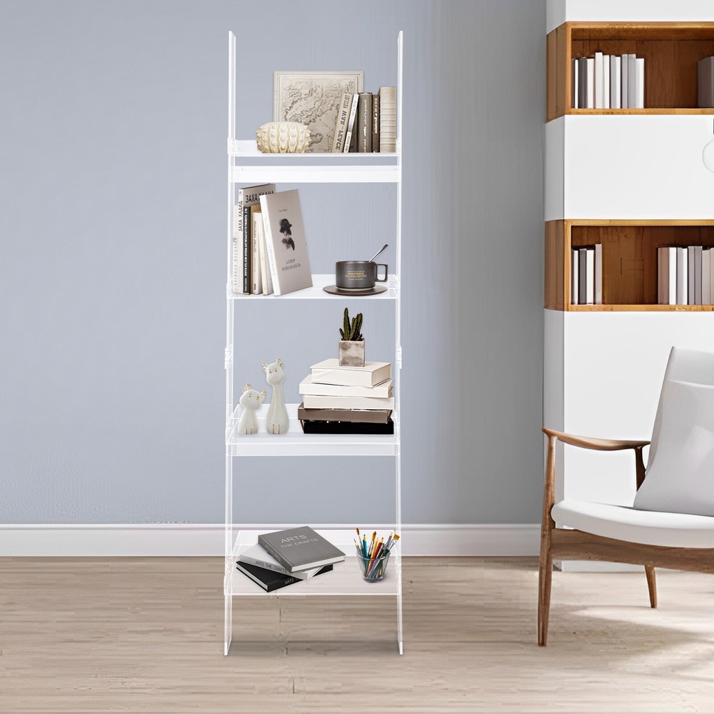 4-Tier Acrylic Ladder Bookshelf Freestanding 52x183cm Bookcase