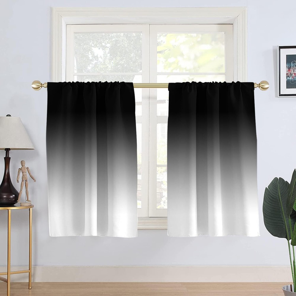 Black and Grey Window Curtains for Kitchen White Ombre Mens Gothic Art Tone G...