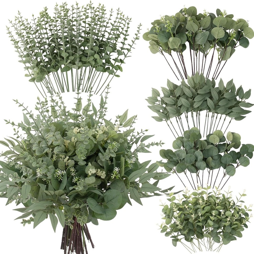 130 Pcs Artificial Mixed Eucalyptus Stems Bulk 5 Kinds of Faux Greenery