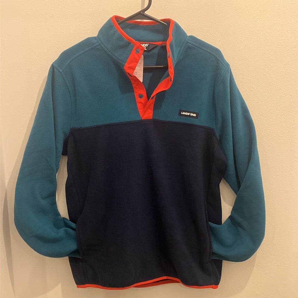 Lands' End Pullover Men’s Small  Heritage Fleece Snap Neck Teal/Navy Color Block