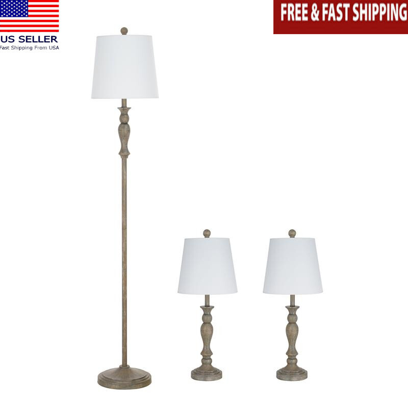 Modern Farmhouse 3-Pack Rustic Wood Table & Floor Lamp Set for Home Decor