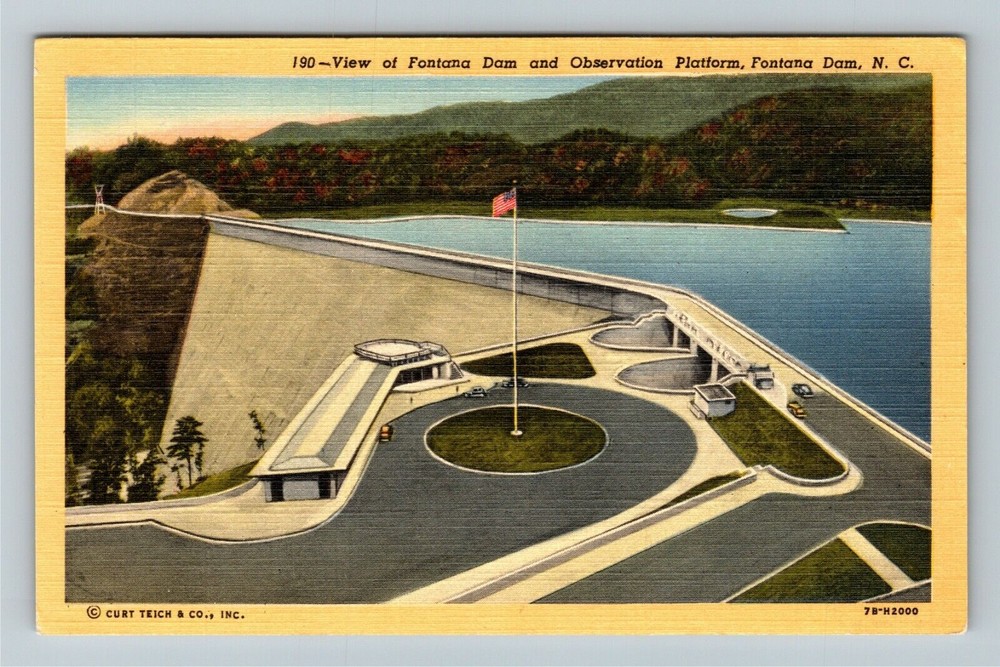 Fontana Dam NC Scenic View & Observation Deck Linen Postcard