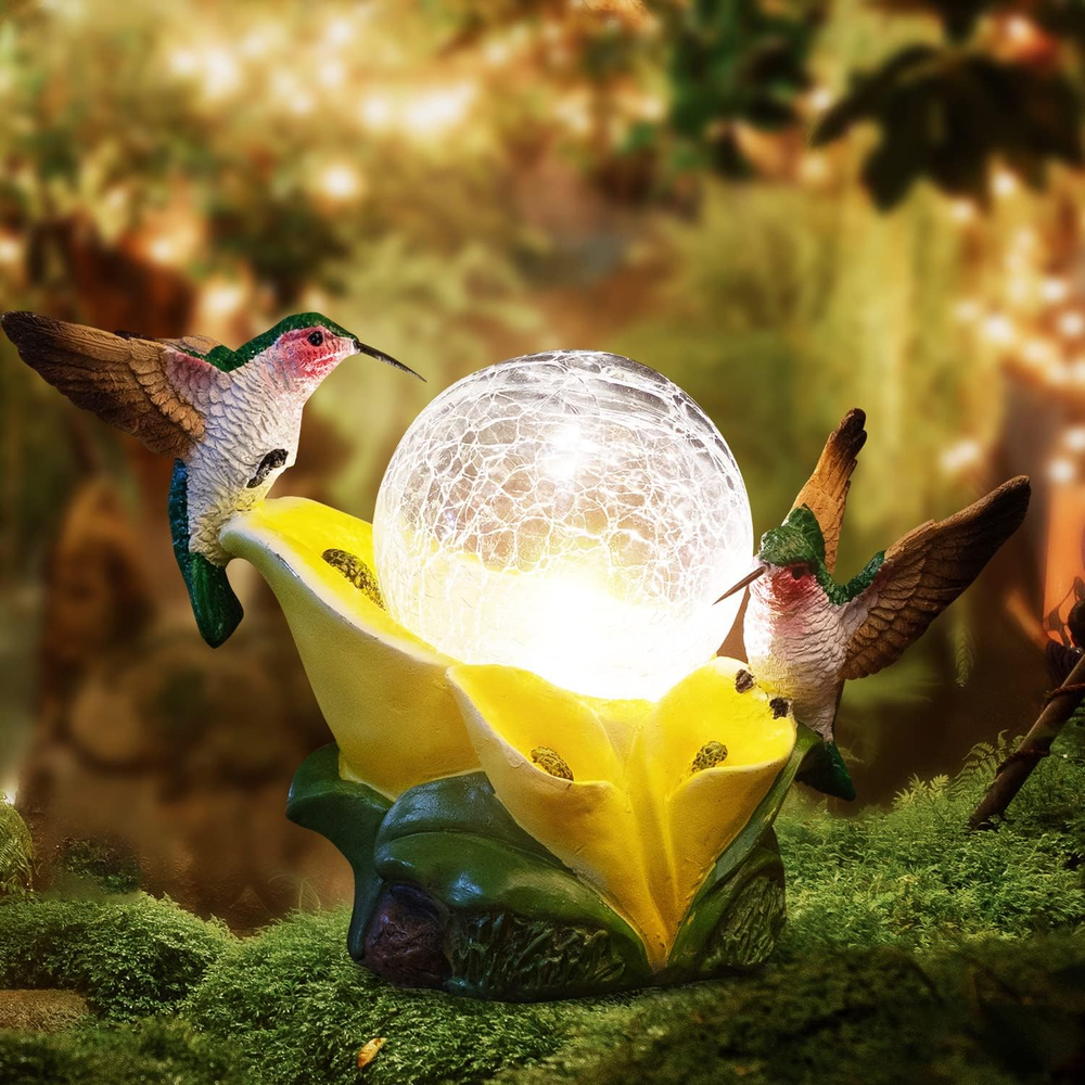 Solar Garden Statue Hummingbird Figurine - Hummingbird Flower Carry Magic Orb So