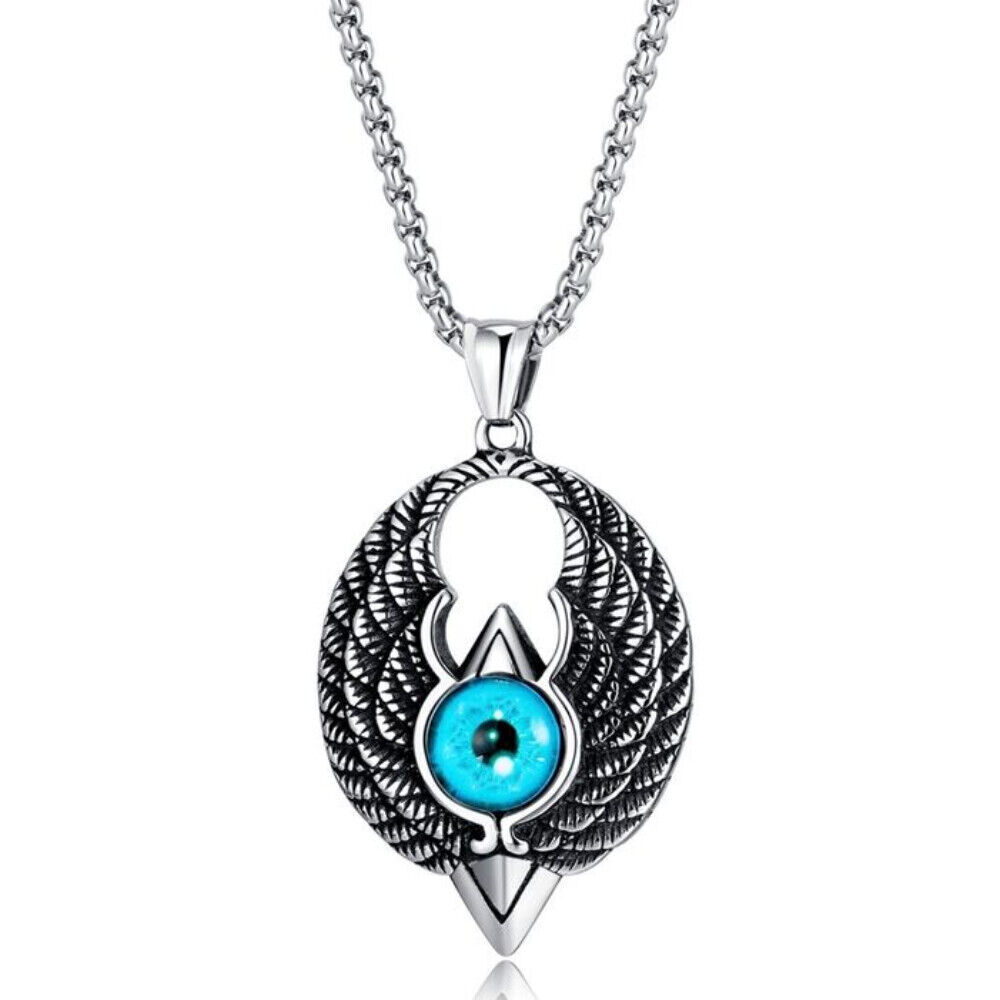 Punk Men's Stainless Steel Blue Devil Eye Angel Wing Pendant Necklace 24