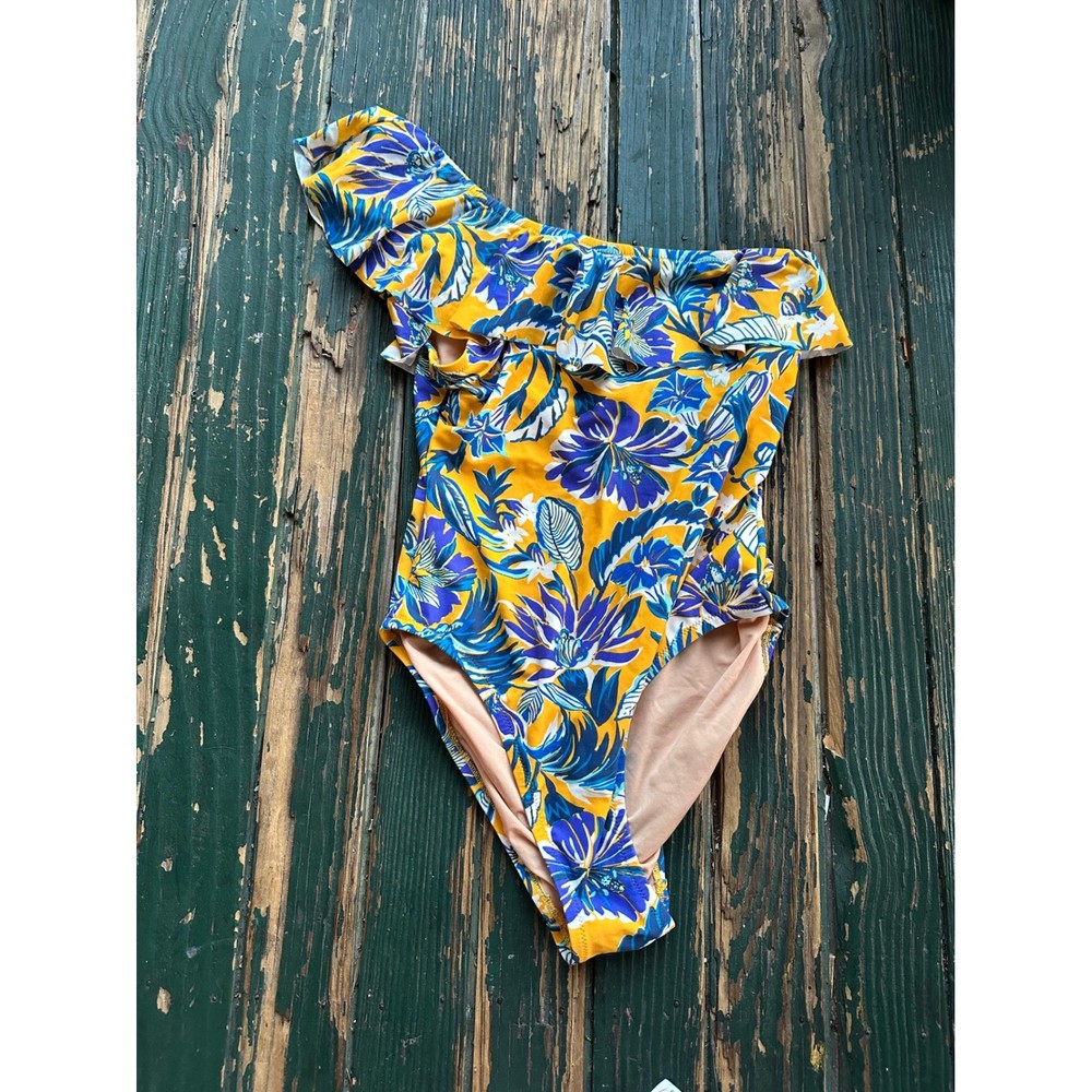 J.Crew Womens One Shoulder Ruffle One Piece Swimsuit Yellow Floral Tropical M