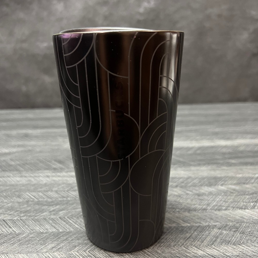 Starbucks 12 Ounce Ceramic Tumbler Travel Mug Black Etched Geometric Lines