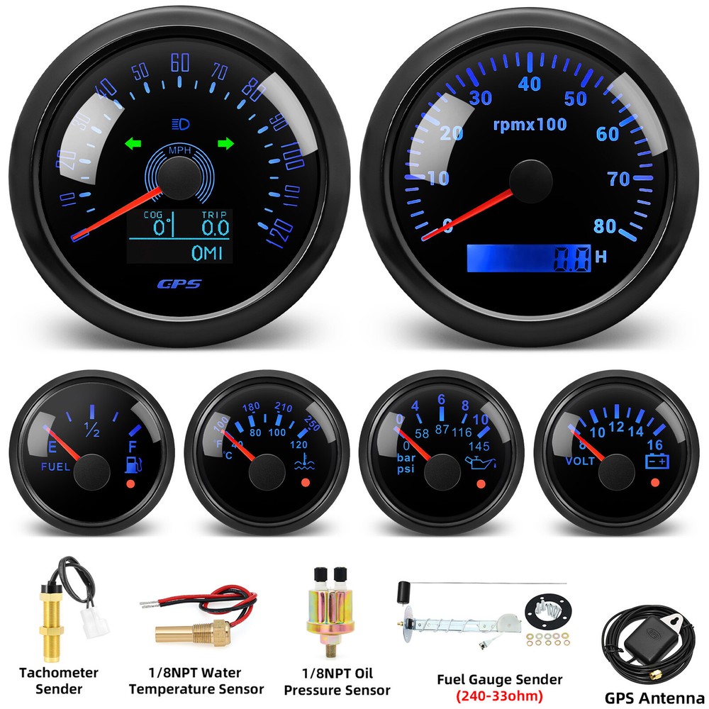 85MM GPS Speedometer 0-120MPH & 52MM Quad Gauge Set with Senders