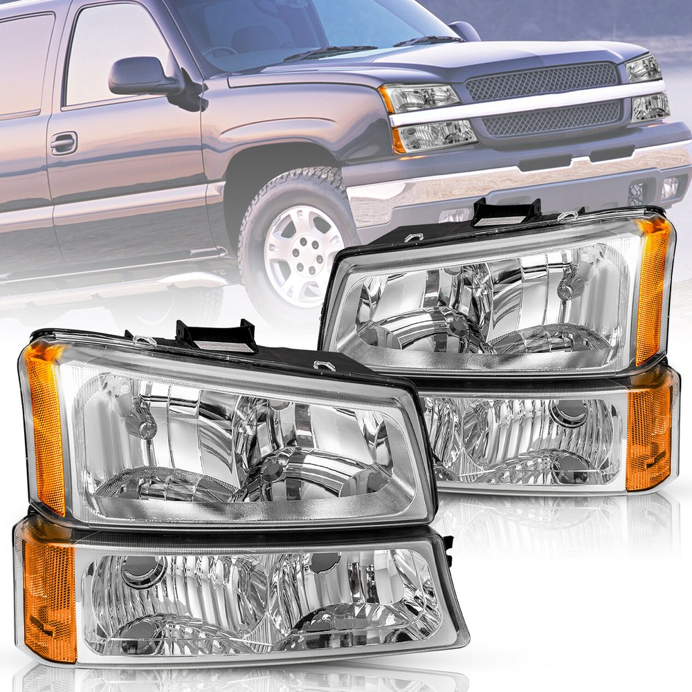 2003-2006 Chevy Silverado Avalanche Chrome Headlights Replacement Headlamps