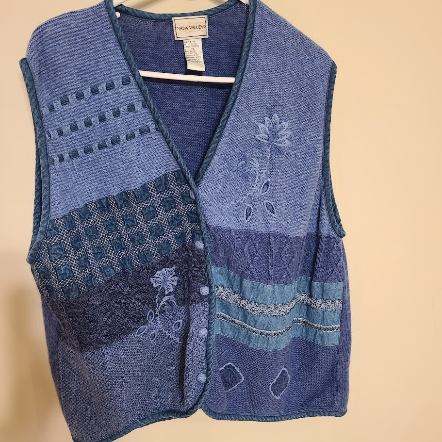 Napa Valley Bordado Tejido Botón Delantero Chaleco Mujer 2XL Patchwork Grannycore