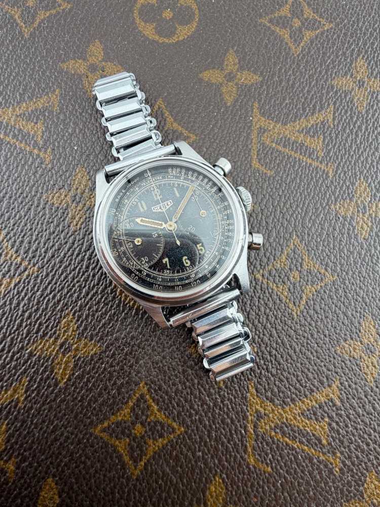 Heuer Chronograph Big Eyes Gilt Dial Rare Case Steel Switzerland Valjoux