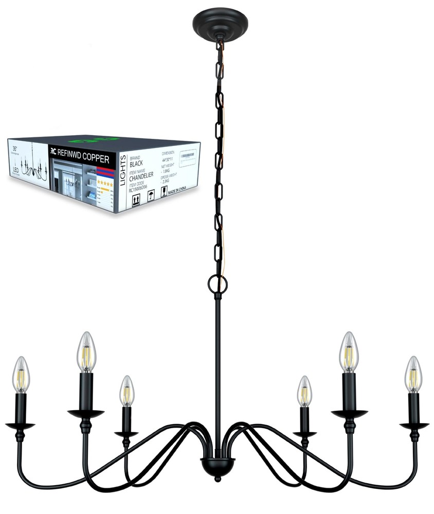 Black Chandelier RC Ceiling Light Fixture 6-Light 36 Inch Modern Farmhouse Design