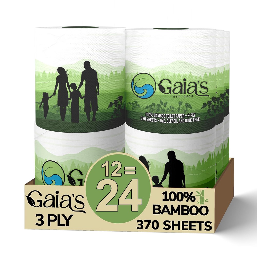 Gaias Organic 3-Ply Bamboo Toilet Paper 12 Mega Rolls Soft Premium 37 Sheets