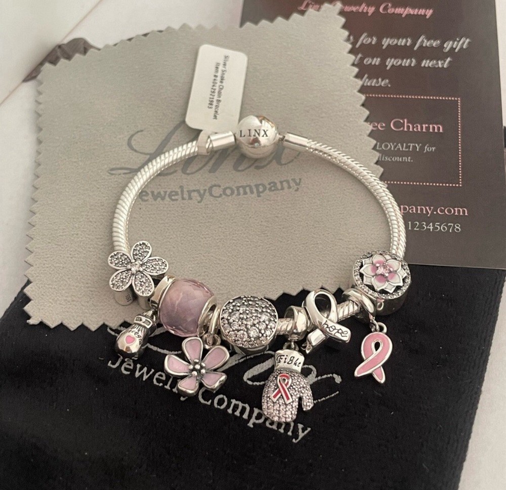 Linx Silver Snake Chain Bracelet with Breast Cancer Awareness Themed Charms