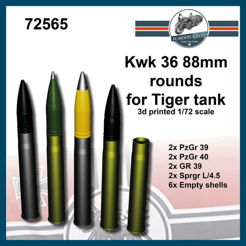 FC Model Trend 1/72 KwK 36 88mm Rounds for Tiger Tank (3D Printed Kits)