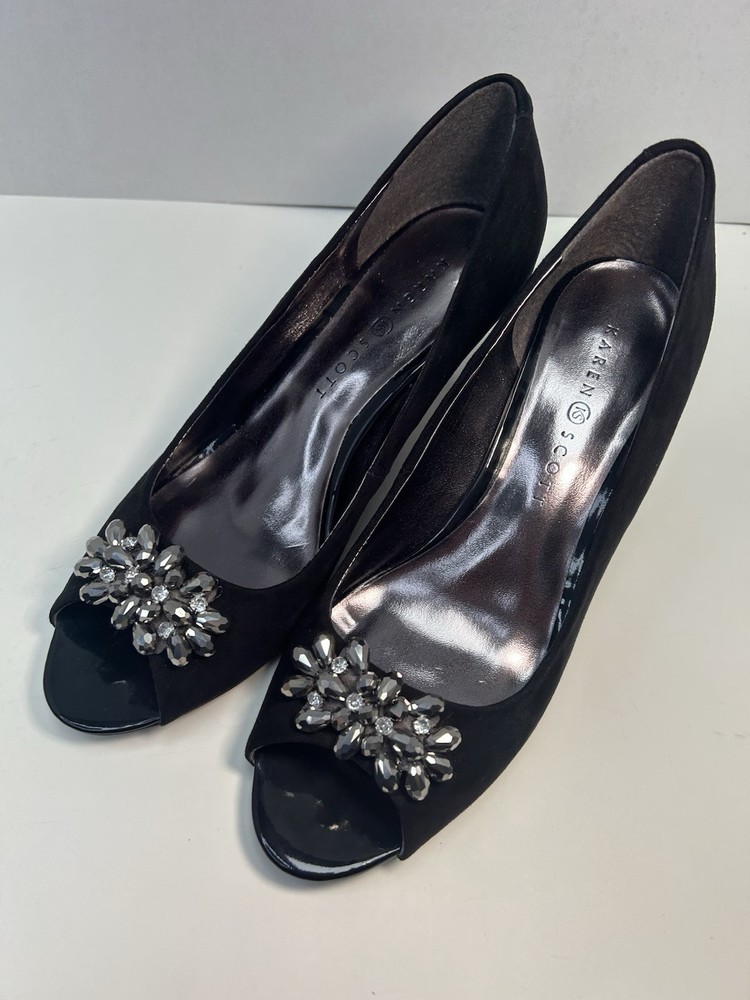 Karen Scott Marilyn Black Rhinestone Bow Open-Toe Heels Size 8