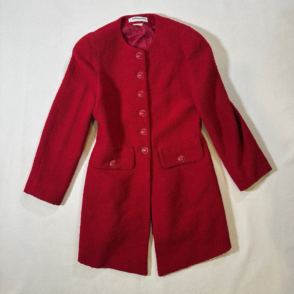 Vintage Sonia Rykiel Paris Red Boucle Coat Jacket Red Gold Logo Buttons, Small