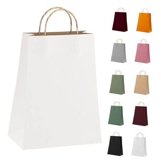 Eco-Friendly White Kraft Paper Bags with Handles - 25 Pack - 10x5x13 Inches