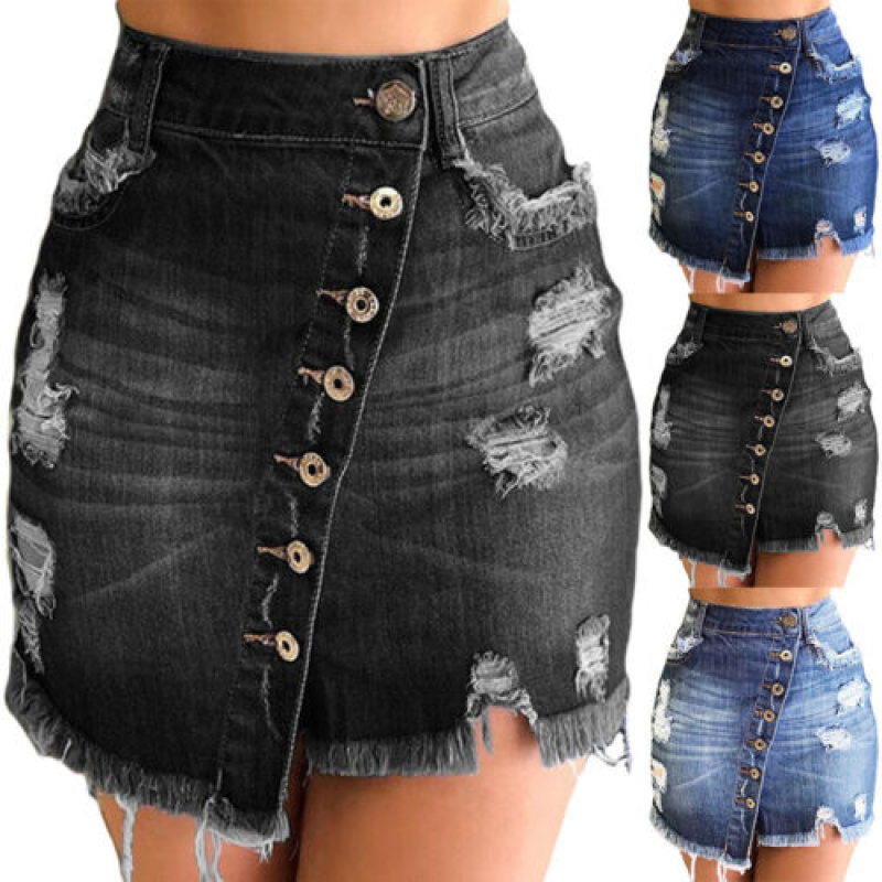 Womens Mini Skirts Denim Bodycon Ripped Casual High Waist Skirt Ladies Frayed