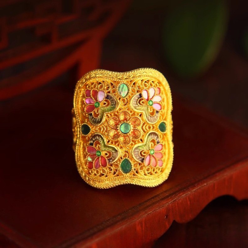 Adjustable Gold Plated Enamel Ring Cloisonne Inlay Filigree Ethnic Jewelry Gift