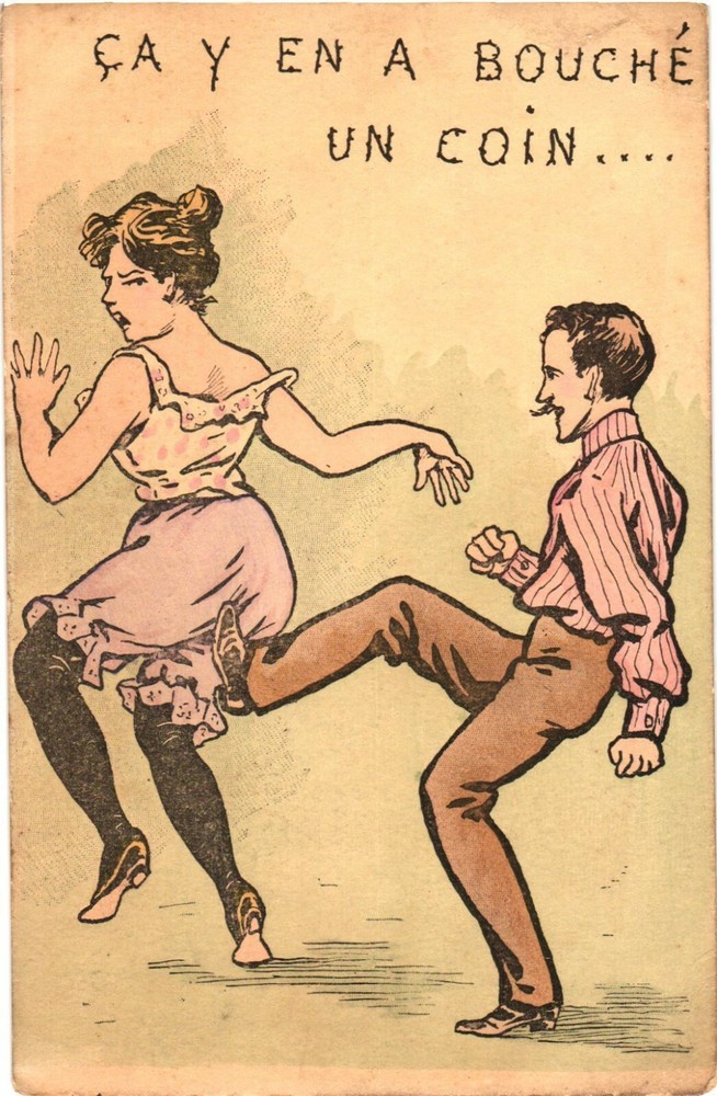 French Man Kicking A Woman's Behind, There Is A Corner of It Comic Postcard