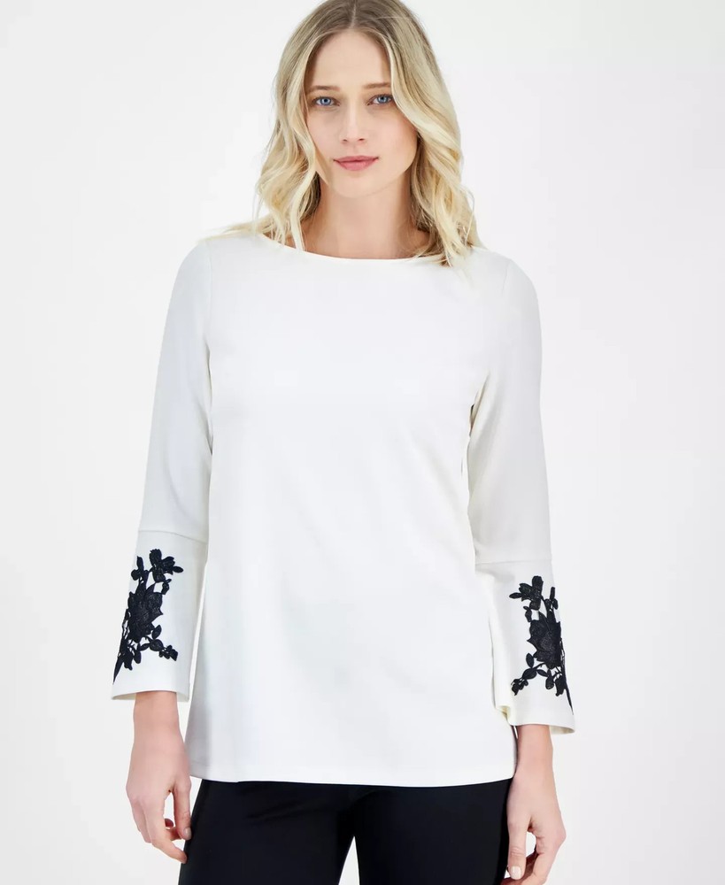 Anne Klein Women's Top Sz L Embroidered Bell-Sleeve Boat-Neck
