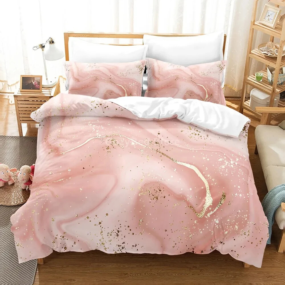 Golden Marble Pink 3D Duvet Cover Set for Luxe Bedroom Decor  