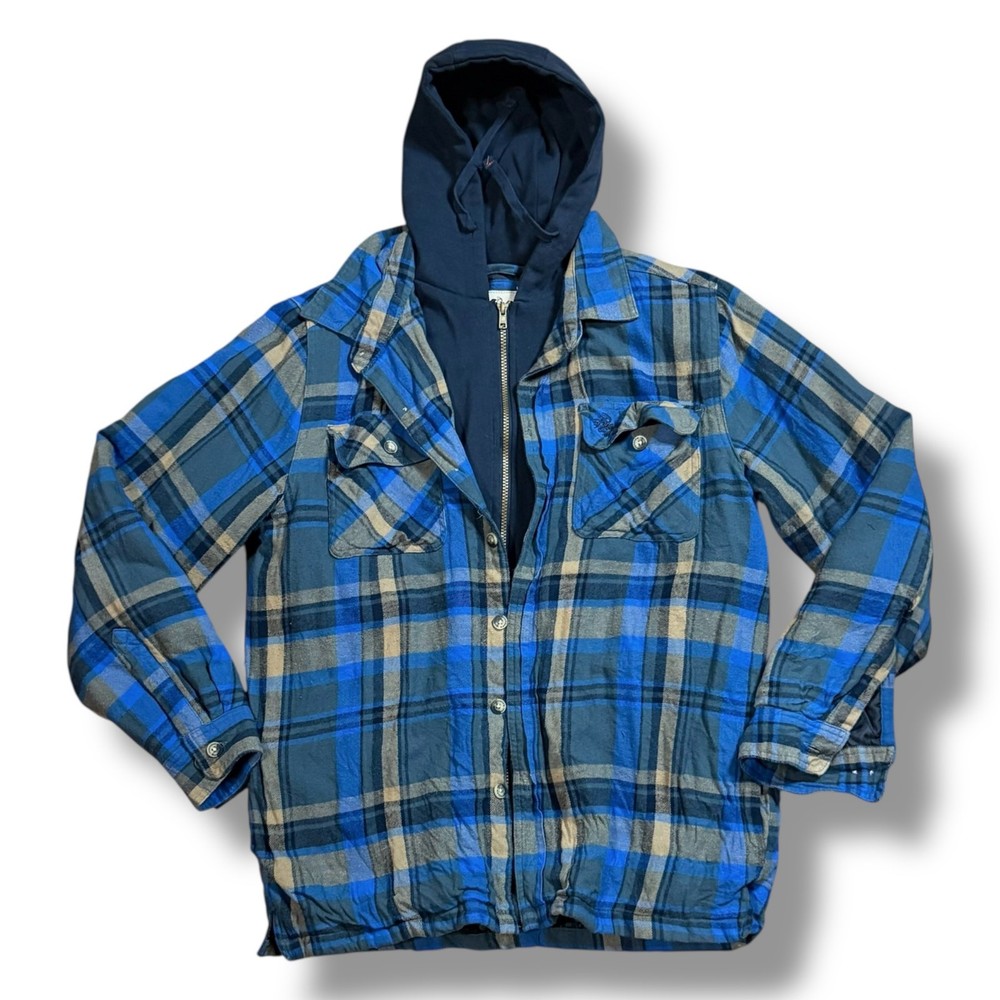Legendary Whitetails Flannel Quilted Jacket Full Zip Button Blue Tan Plaid Sz L