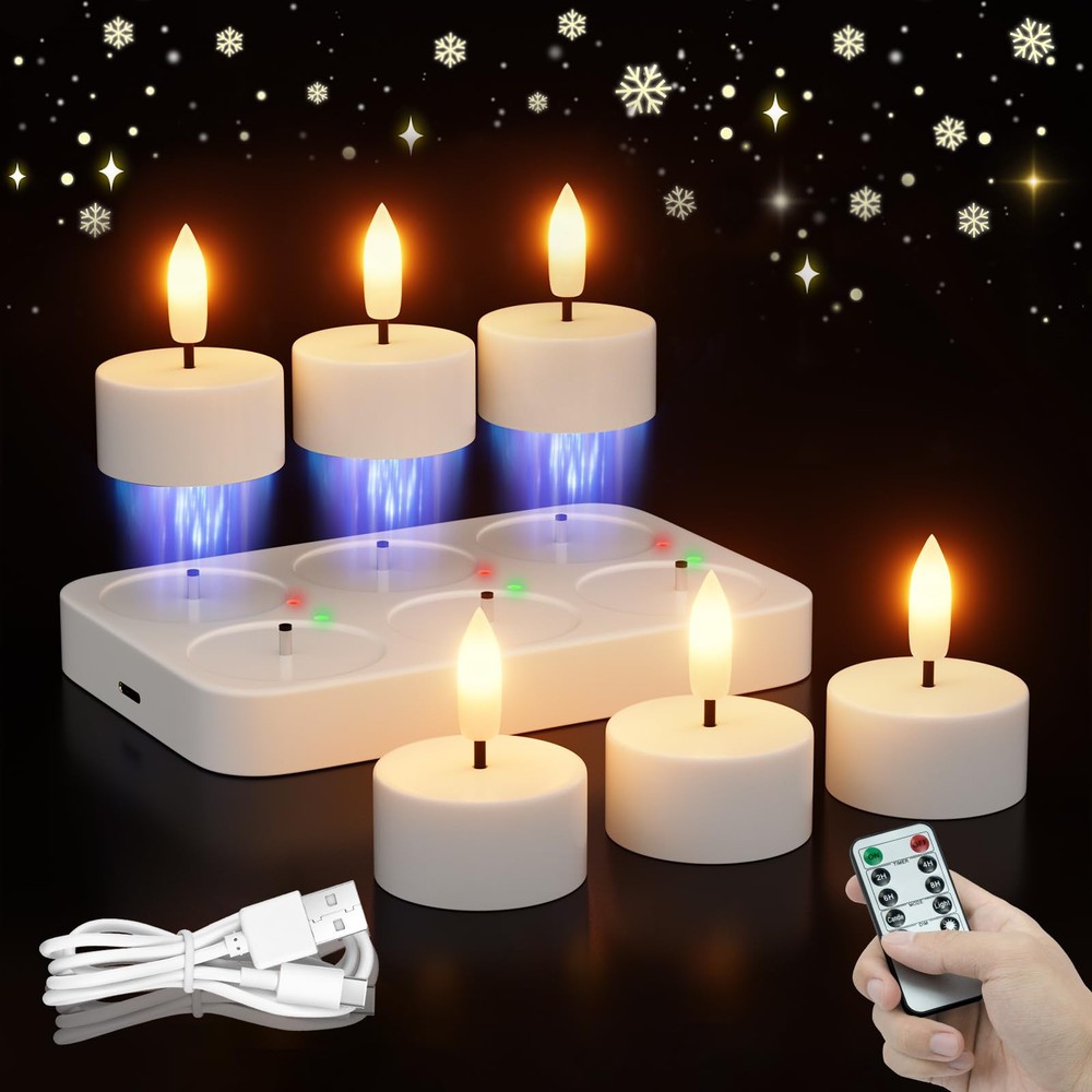 Rechargeable Flameless Tea Lights Candles with Charging Station 6Pcs Battery ...