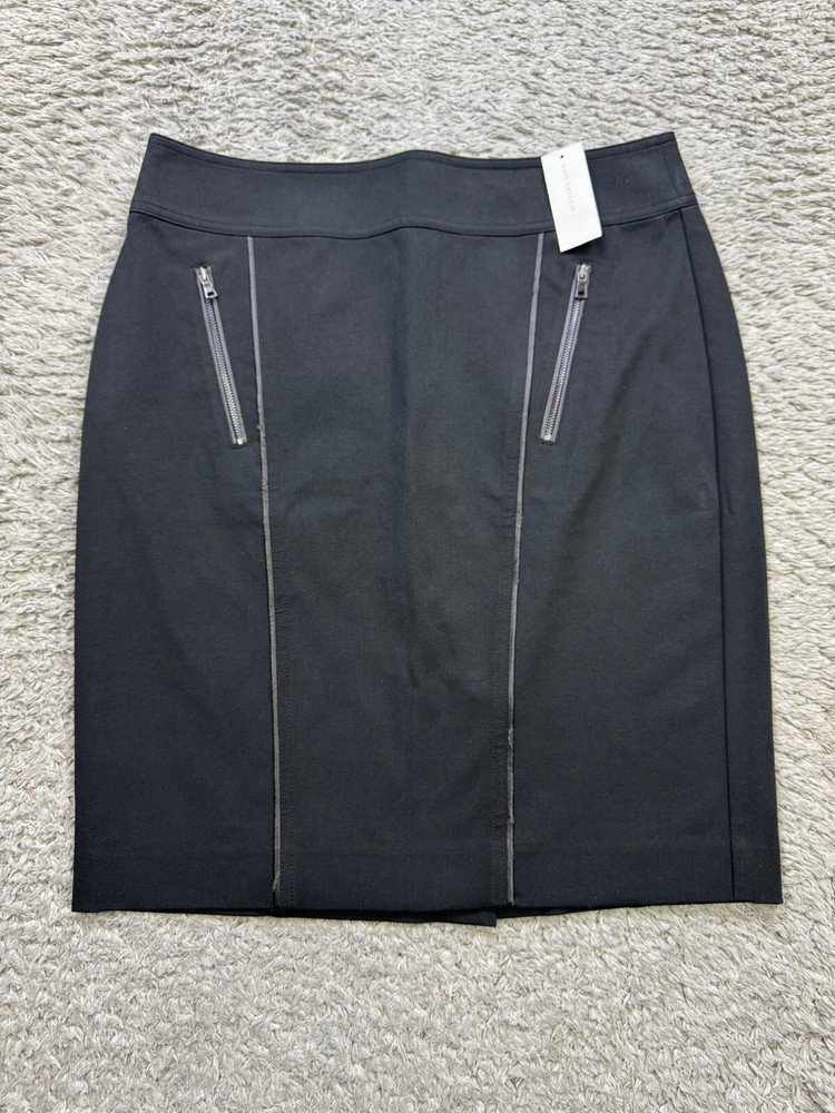 Ann Taylor Skirt Women 8 Black Faux Leather Trim Zip Pocket Mini Pencil NWD