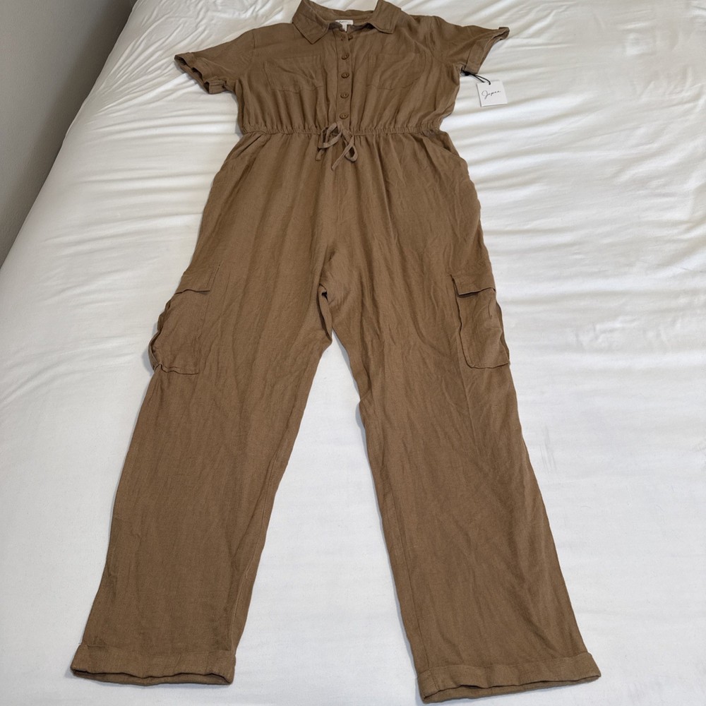 Japna Womens L Short Sleeve Button Front Jumpsuit Tan Linen Blend Straight NWT
