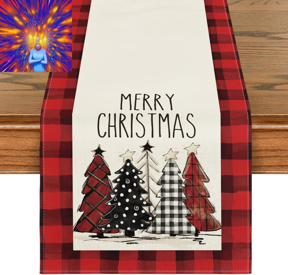 Watercolor Red and Black Buffalo Plaid Christmas Trees Merry Xmas Table Runner,