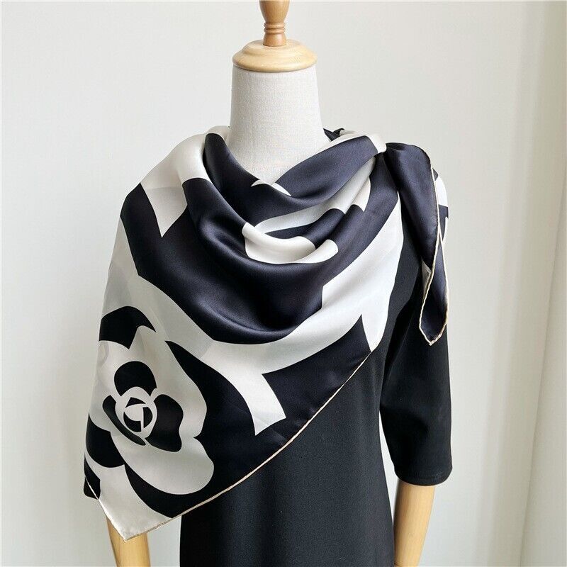 Elegant Pure Satin Silk Camellia Print Square Scarf 43