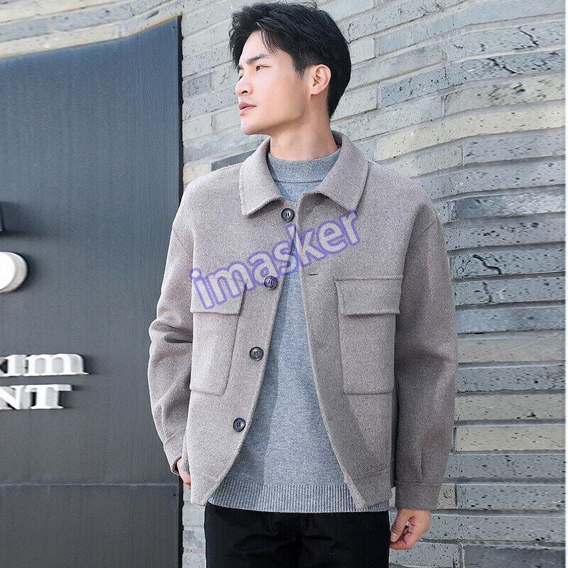 Men's Double Side Wool Short Lapel Jacket Formal Botton Up Coats Casual Outwear