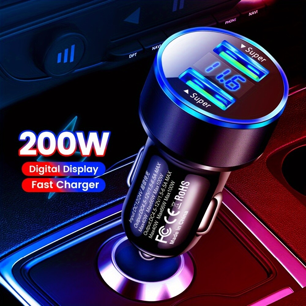 200W Dual USB Digital Display Car Charger - Rapid Dual Port 100W+100W Fast Charg