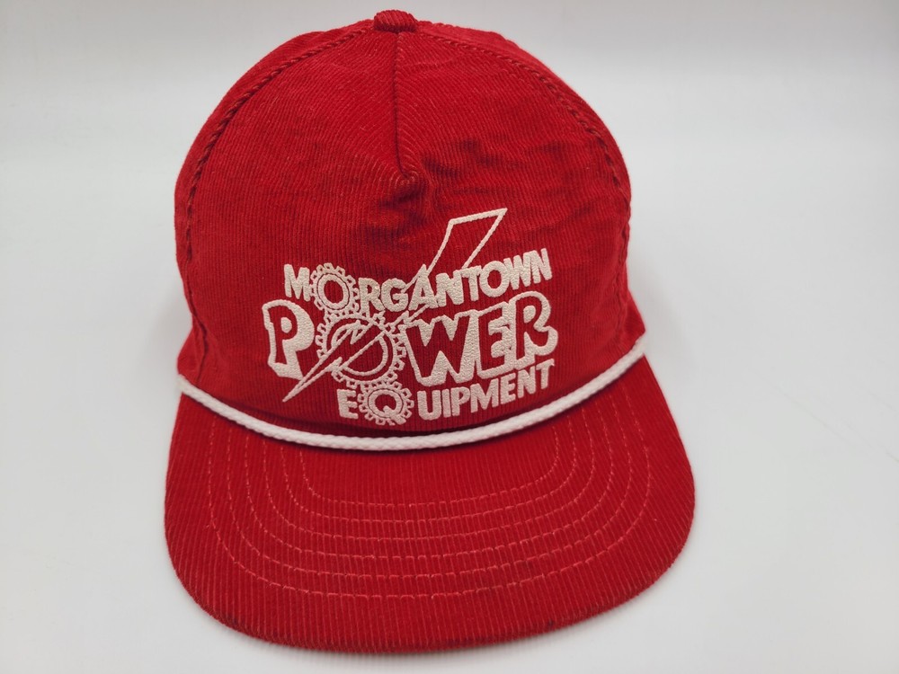 Vintage Morgantown Power Equipment Corduroy Rope Snapback Hat Cap Men Red White