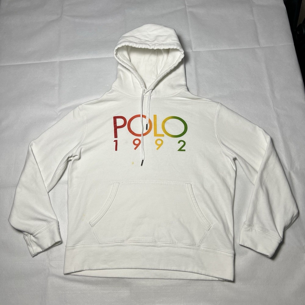 Polo Ralph Lauren Hoodie Mens Large White 1992 Pullover Sweatshirt Colorful Logo