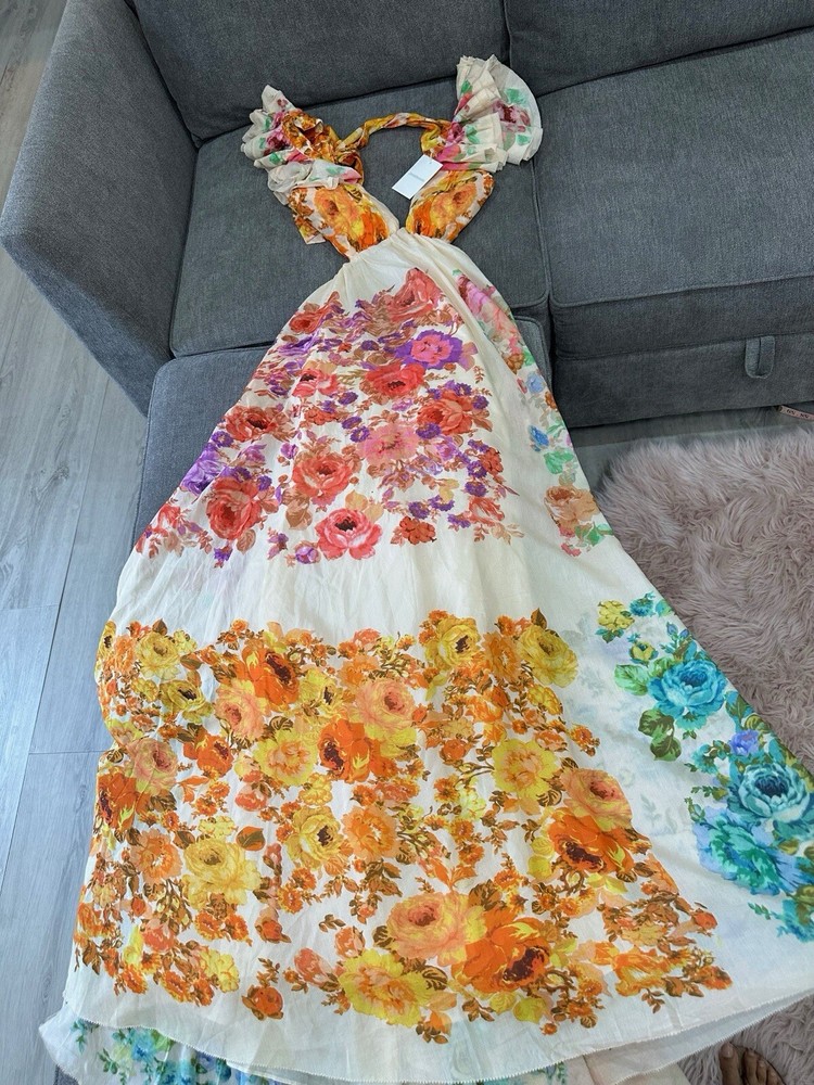 Authentic ZIMMERMANN Floral Cutout Ruffled Dress Size 0  PERFECT for HOLIDAYS!