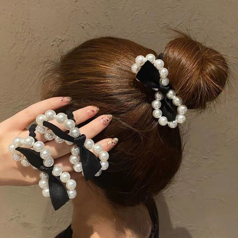 Stylish Elastic Rope Pearl Bow Chiffon Scrunchies Hair Ties Ponytail Holders