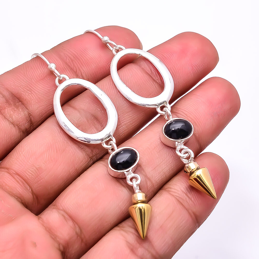 Black Onyx - Brazil 925 Sterling Silver Two Tone Arrow Head Earring 2.73