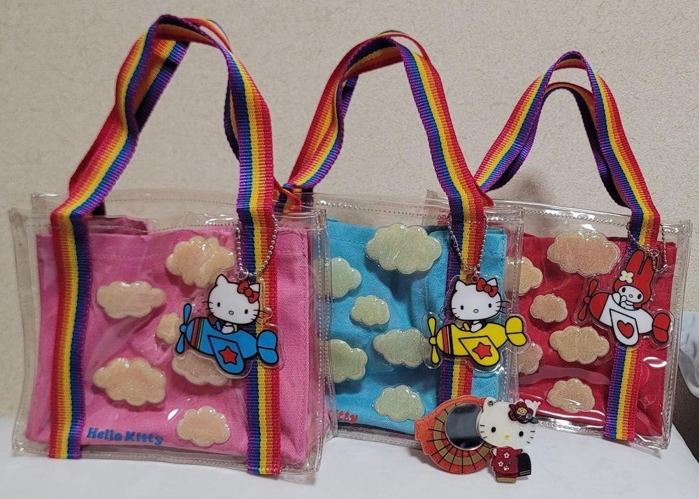 Vintage Sanrio Hello Kitty My Melody Rainbow Bag Keychain Set with Rare Maiko Mirror