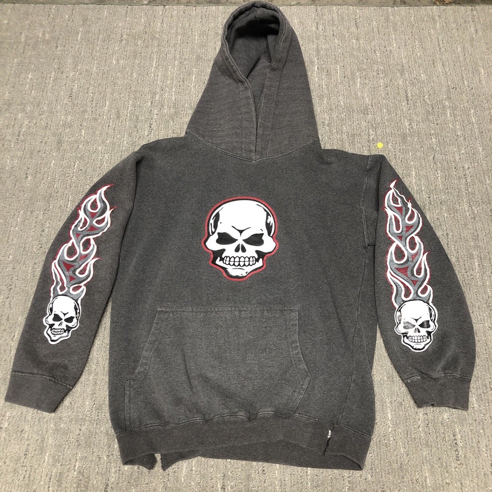 Vintage No Boundaries Skull Flames Hoodie Men’s Small Grey Skater JNCO Style Y2K