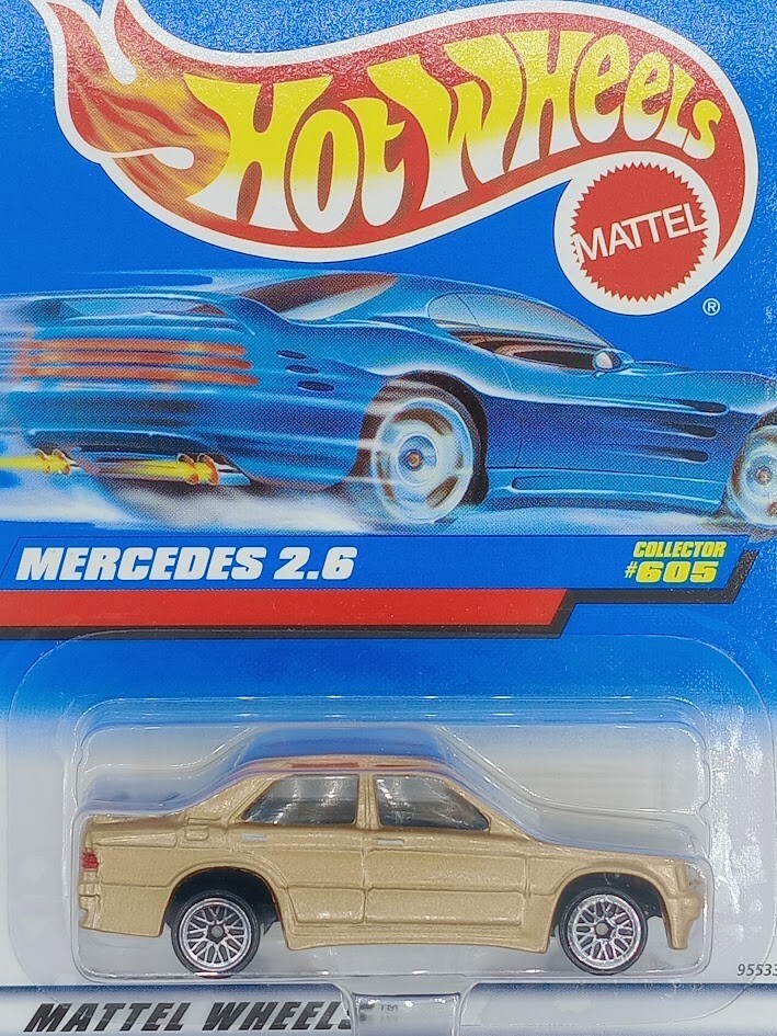 1996 Hot Wheels Blue/White Card #605 MERCEDES 2.6 Gold w/Chrome Lace Spoke Wheel