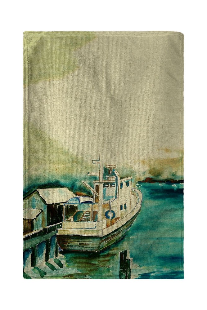 Betsy Drake Oyster Boat Cotton Kitchen Towel with Nautical Design