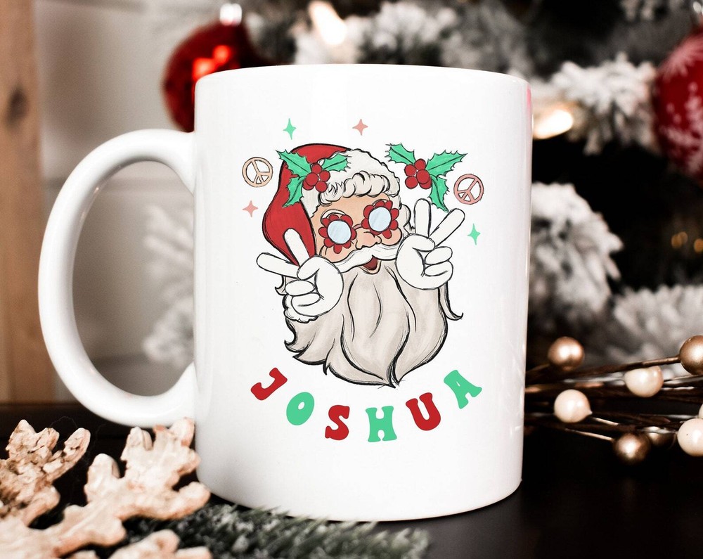 Custom Christmas Mug with Santa Peace Sign Flower Power Design
