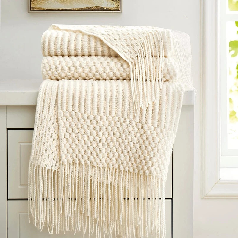 Boho White Chunky Knit Throw Blanket Textured Vintage Luxury